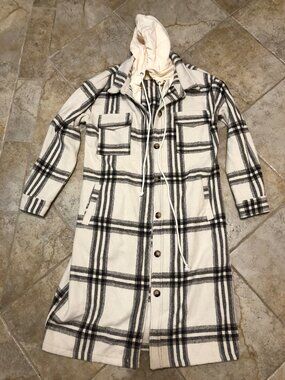 Mystree Twofer Hoodie Plaid Long Jacket - Size Small